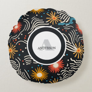 Levendige Abstracte bloemengolven op zwart Rond Kussen