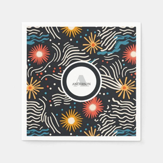 Levendige Abstracte bloemengolven op zwart Servet (Voorkant)