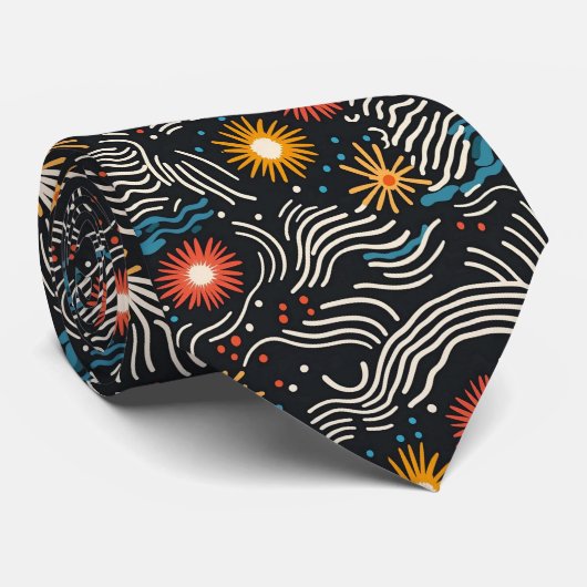 Levendige Abstracte bloemengolven op zwart Stropdas (Opgerold)