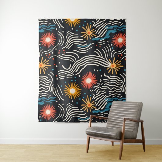 Levendige Abstracte bloemengolven op zwart Wandkleed (In situ)