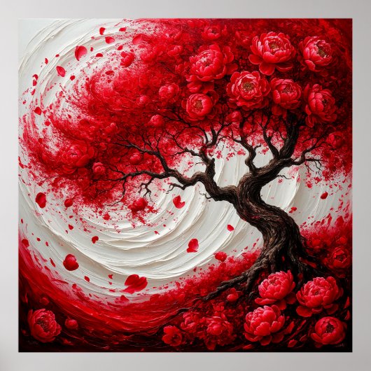 Levendige Abstracte Boom Met Draaiende Rode Bloeme Poster (Voorkant)