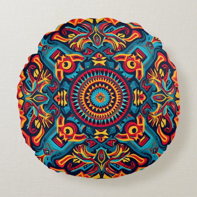 Levendige Abstracte etnische Huichol Tribal Patter Rond Kussen (Voorkant)