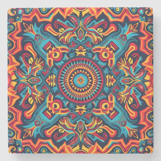 Levendige Abstracte etnische Huichol Tribal Patter Stenen Onderzetter (Voorkant)