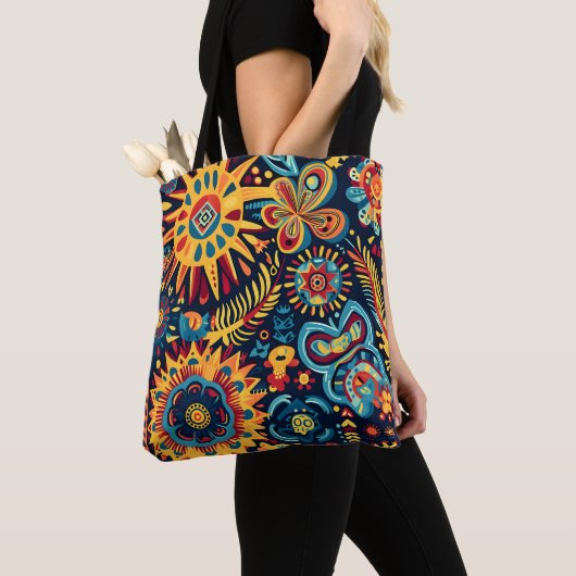 Levendige Abstracte etnische Huichol Tribal Patter Tote Bag (Dichtbij)