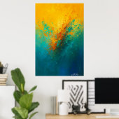 Levendige Abstracte Explosie – Geel, Turkoois & Bl Poster (Thuiskantoor)