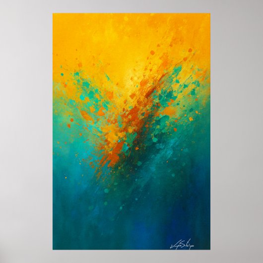 Levendige Abstracte Explosie – Geel, Turkoois & Bl Poster (Voorkant)