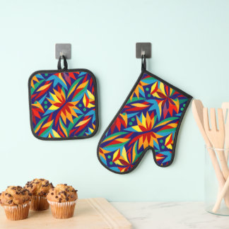Levendige Abstracte Geometrische Tropische Meerkle Ovenwant & Pannenlap Set