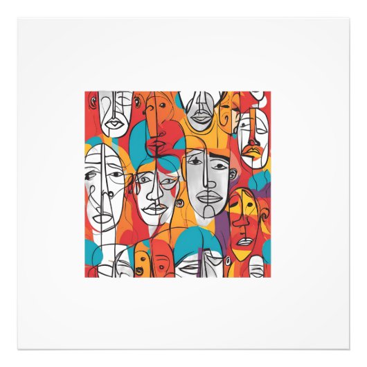 Levendige Abstracte gezichten - Hedendaagse lijnku Foto Afdruk (Voorkant)