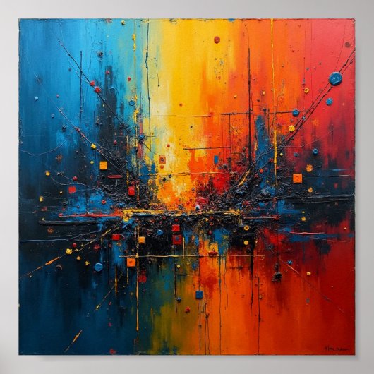 Levendige abstracte kunst met blauw, sinaasappel e poster (Voorkant)