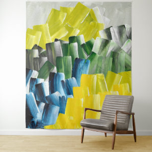 Levendige Abstracte Penseelstreken Geel, Groen & B Wandkleed