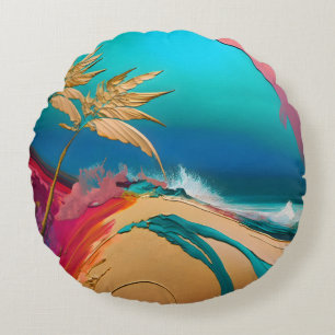 Levendige Abstracte Tropische Strandscène Rond Kussen