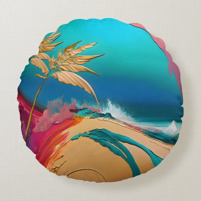 Levendige Abstracte Tropische Strandscène Rond Kussen (Voorkant)