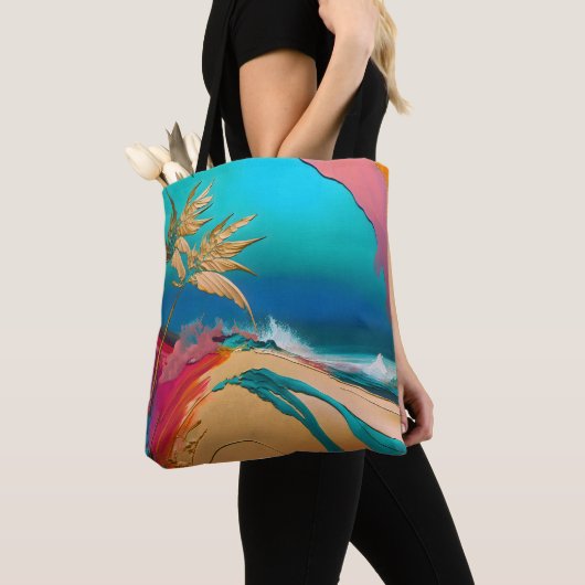 Levendige Abstracte Tropische Strandscène Tote Bag (Dichtbij)