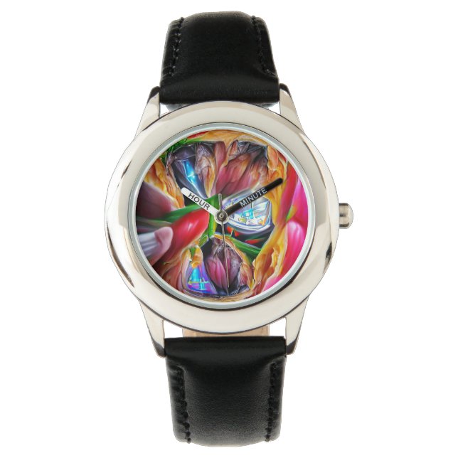 Levendige Abstracte Tulpenreflecties Horloge (Voorkant)