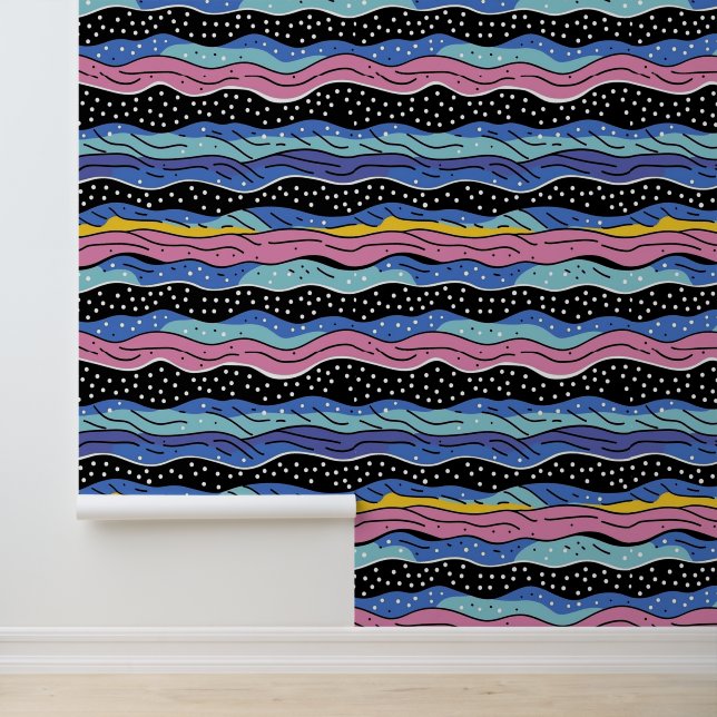 Levendige Abstracte Wavy lijnen met Polka Dots Behang (Applicatie)