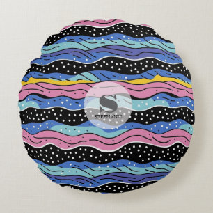 Levendige Abstracte Wavy lijnen met Polka Dots Rond Kussen