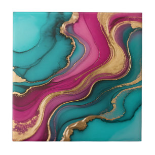 Levendige Alcohol Inkt Abstract Teal Magenta Goud Tegeltje