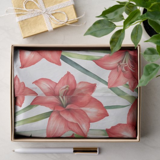 Levendige Amaryllis Waterverf Patroon in Rood Tissuepapier (Geschenk)