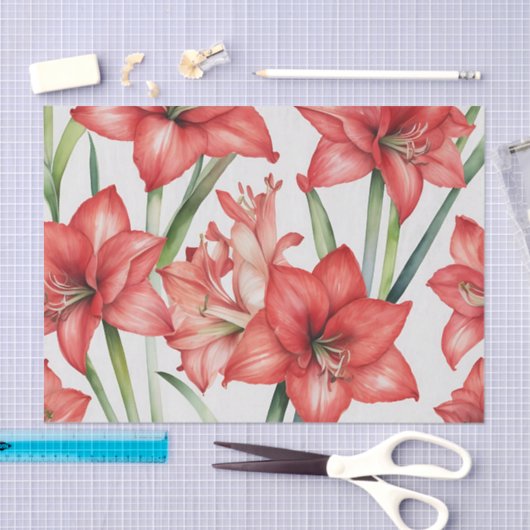 Levendige Amaryllis Waterverf Patroon in Rood Tissuepapier (Craft)