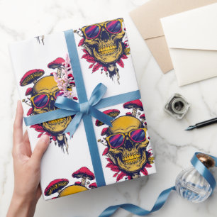 Levendige Amber Krimson Schedel en Paddenstoel Cadeaupapier