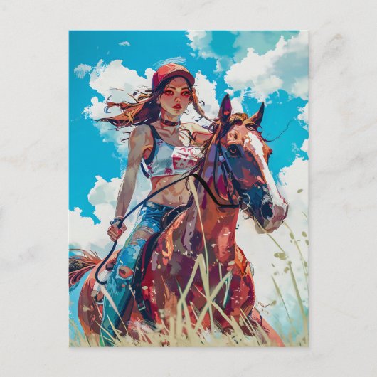 Levendige Anime Equestrian in Natuur's Bliss Briefkaart (Voorkant)
