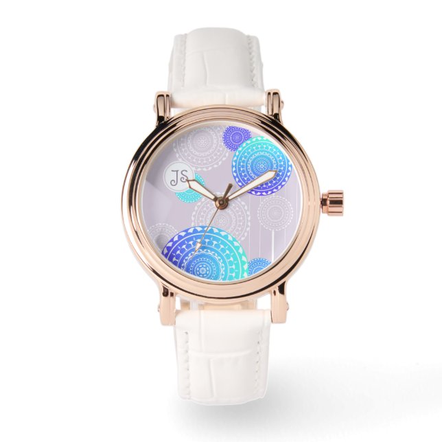 Levendige Aqua Blue Mandala op Roze Monogram Horloge (Voorkant)
