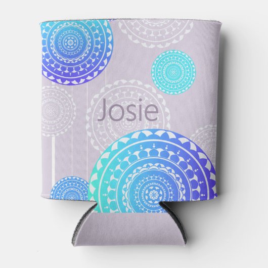 Levendige Aqua Blue Random Mandala op Roze Naam to Blikjeskoeler (Voorkant)