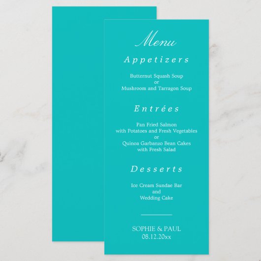Levendige Aqua bruiloft Menu (Voorkant / Achterkant)