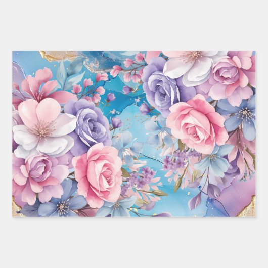 Levendige Aqua & Roze Waterverf Bloemen Boeketten Inpakpapier Vel (Voorkant 3)