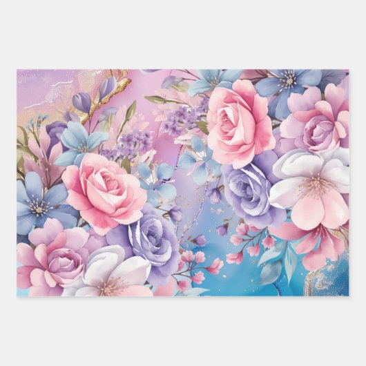Levendige Aqua & Roze Waterverf Bloemen Boeketten Inpakpapier Vel (Voorkant 2)