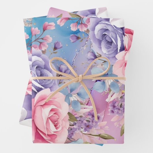 Levendige Aqua & Roze Waterverf Bloemen Boeketten Inpakpapier Vel (In situ)