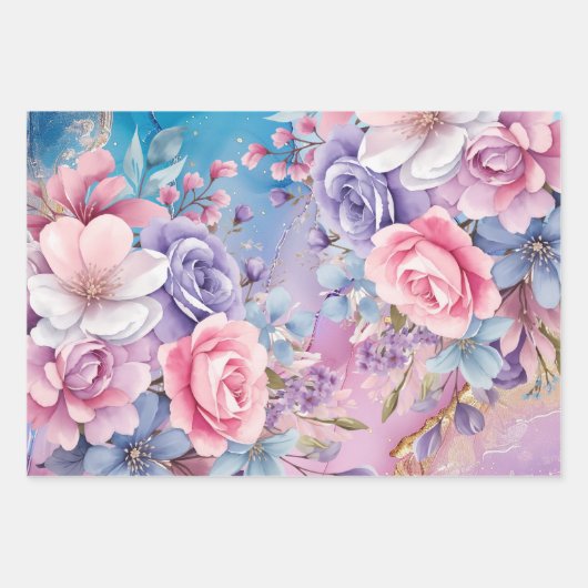 Levendige Aqua & Roze Waterverf Bloemen Boeketten Inpakpapier Vel (Voorkant)