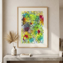 Levendige Aquarel Abstracte Bloemige Doodle Lijnku Poster