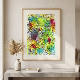 Levendige Aquarel Abstracte Bloemige Doodle Lijnku Poster