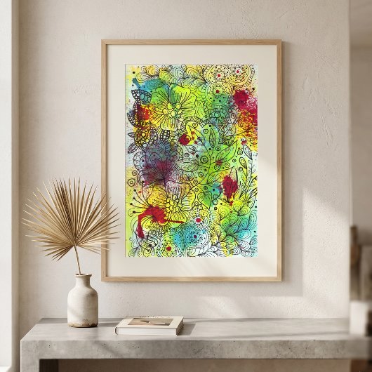 Levendige Aquarel Abstracte Bloemige Doodle Lijnku Poster