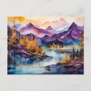 Levendige Aquarel Bergmeer Ansichtkaart Briefkaart