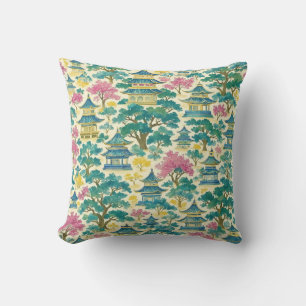 Levendige Aquarel Chinoiserie Gouden Pagode Patroo Kussen