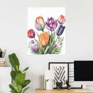 Levendige Aquarel Tulpenboeket  Poster