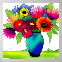 Levendige aquarel Vaas en bloemen Poster