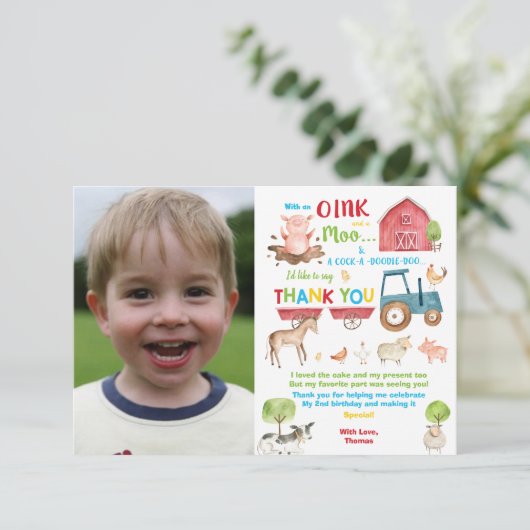 Levendige Barnyard Farm Animals Verjaardagsfeestfo Bedankkaart (Staand voorkant)