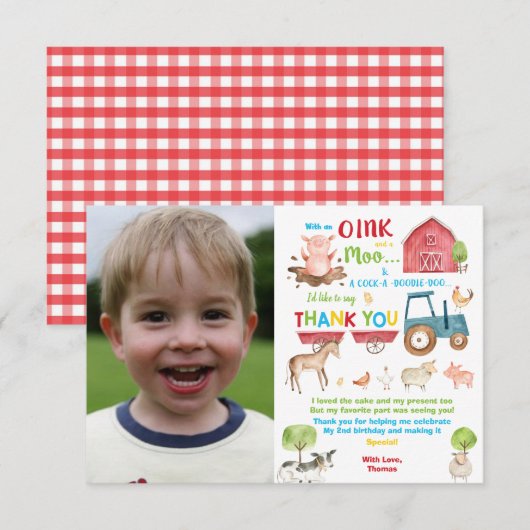 Levendige Barnyard Farm Animals Verjaardagsfeestfo Bedankkaart (Voorkant / Achterkant)