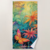 Levendige Batik Waterverf Bloemen met Vlinders Strandlaken (Voorkant)