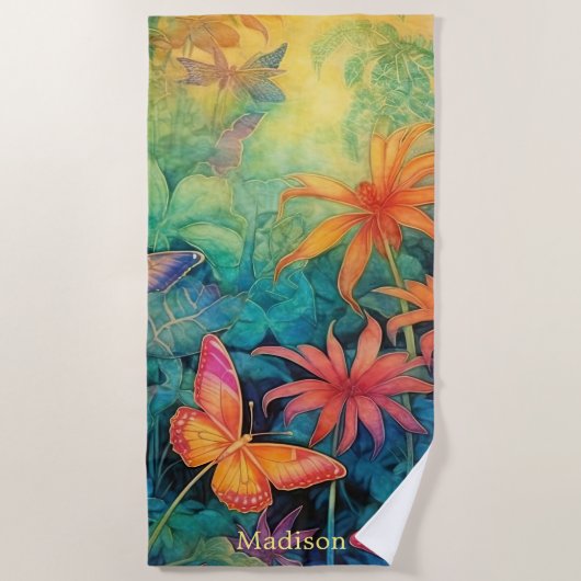 Levendige Batik Waterverf Bloemen met Vlinders Strandlaken (Voorkant)