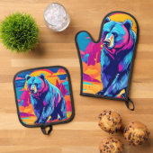 Levendige Beer kunst Ovenwant & Pannenlap Set (Top down)