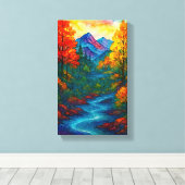 Levendige berg rivier en bomen van alcoholinkt  canvas afdruk (Insitu (Houten vloer))