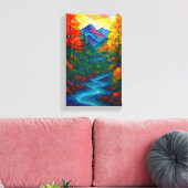 Levendige berg rivier en bomen van alcoholinkt  canvas afdruk (Insitu (Woonkamer))
