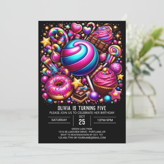 Levendige betoverde Candyland digitale verjaardag Kaart (Staand voorkant)