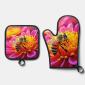 Levendige bij op Bloom Design Ovenwant & Pannenlap Set (Voorkant)