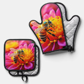 Levendige bij op Bloom Design Ovenwant & Pannenlap Set (Voorkant / Achterkant)