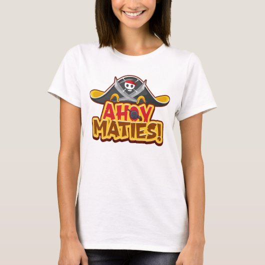 Levendige Black Pirate Pet met 'Ahoy Maties!' Teks T-shirt (Voorkant)